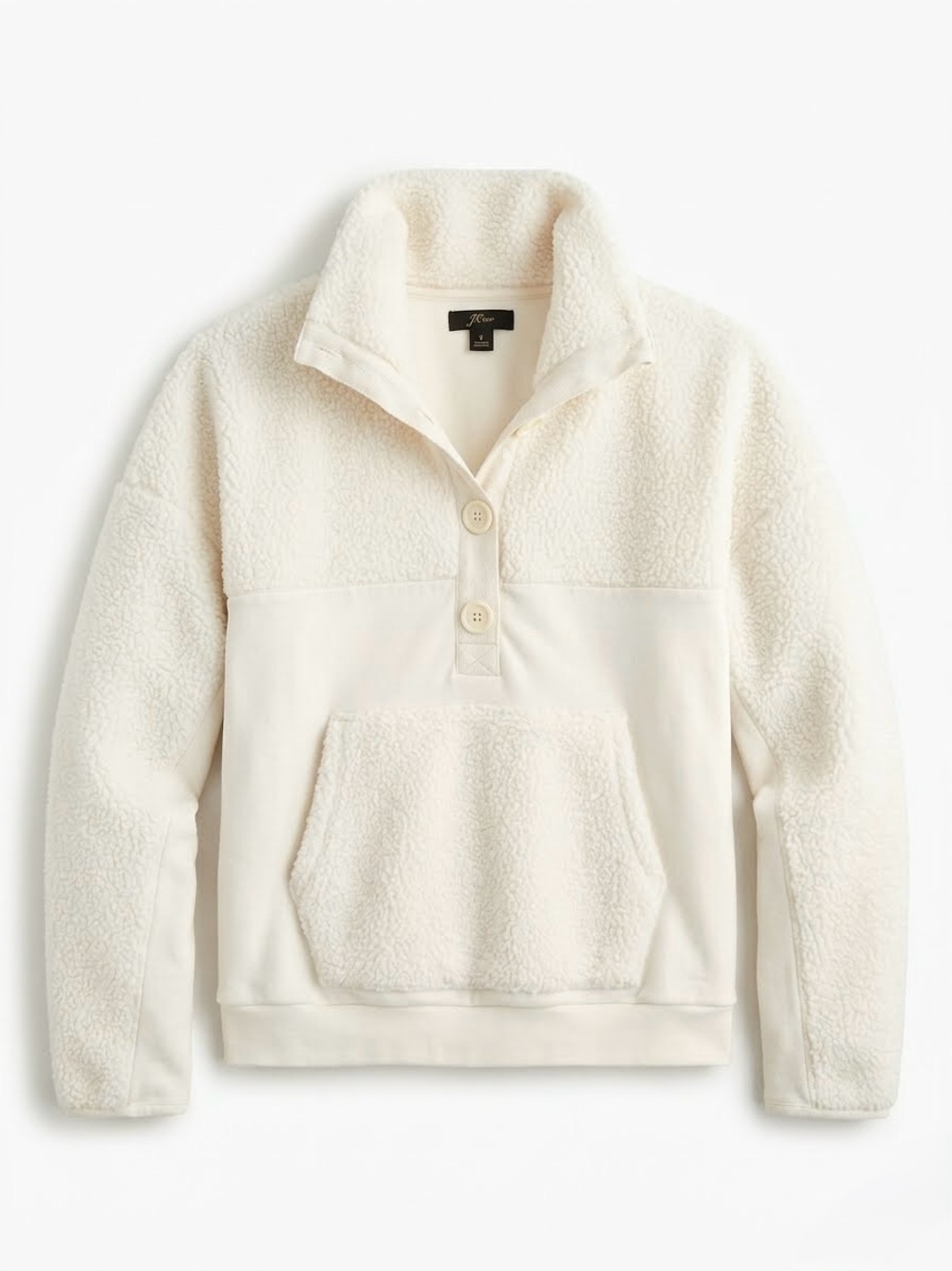 J Crew Teddy Sherpa Button Sweatshirt M Cozy Après Ski Minimalist Cream Ivory